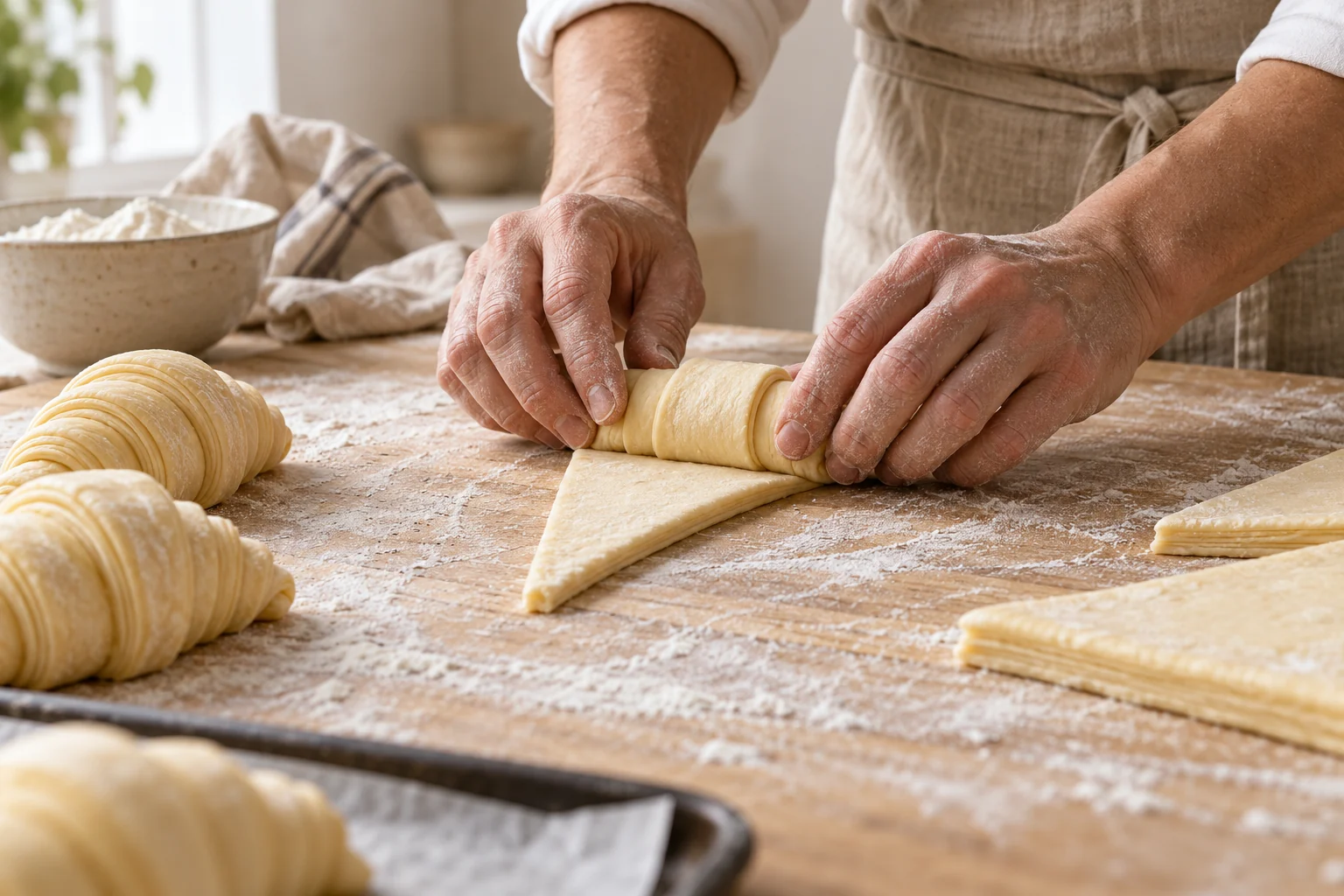Mâini care rulează un croissant pe un blat ușor pudrat cu făină