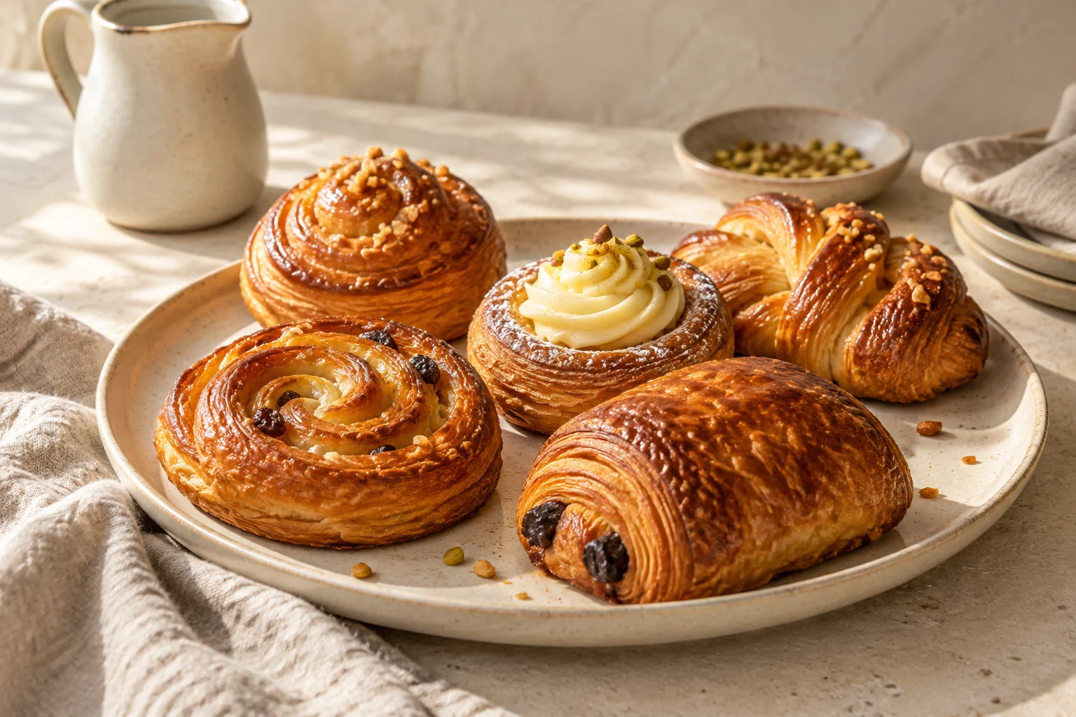 Spirale de foietaj și produse de patiserie cu cremă, pe un platou ceramic