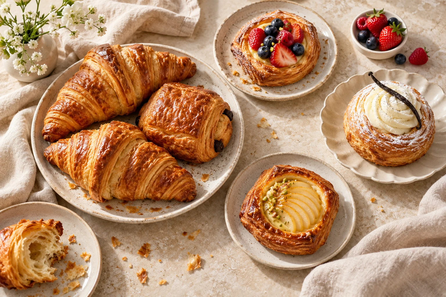 Selecție de patiserie fotografiată de sus, pe in și ceramică în tonuri naturale
